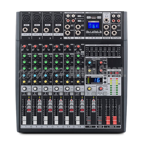 8 Channel Mixer 16 Digital Reverb Effects Seven Band Equalizer Mixing Console with USB +48V Phantom Power