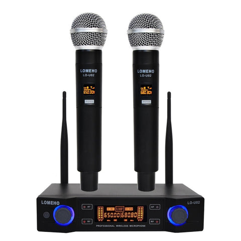 LO-U02 UHF Long Range Dual Channel 2 Handheld Mic Transmitter Professional Karaoke UHF Wireless Microphone System
